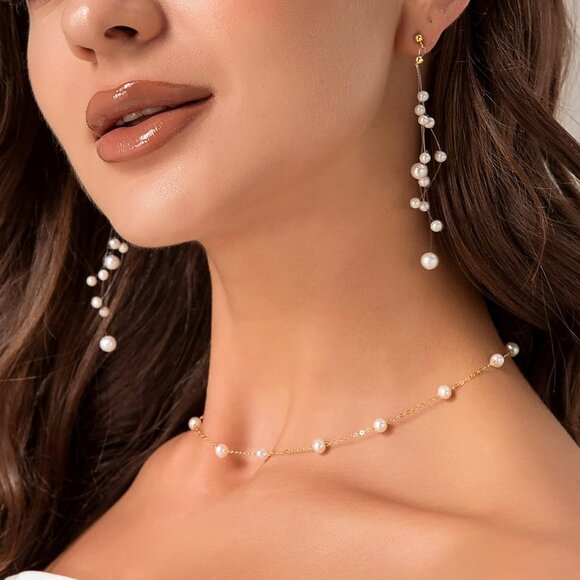 Dainty Pearl Choker Necklace Gold Beaded Chain Elegant Jewelry for Women Wedding - Picture 3 of 7